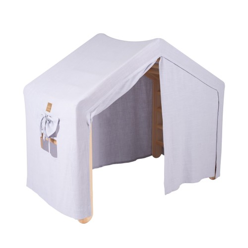 MeowBaby® Duży Domek z drabinką dla dzieci 112x61x94 cm składaną do pokoju. Drewno, Len, Wiskoza, Szaroniebieski Domek, Naturalna drabinka