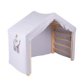 MeowBaby® Duży Domek z drabinką dla dzieci 112x61x94 cm składaną do pokoju. Drewno, Len, Wiskoza, Szaroniebieski Domek, Naturalna drabinka