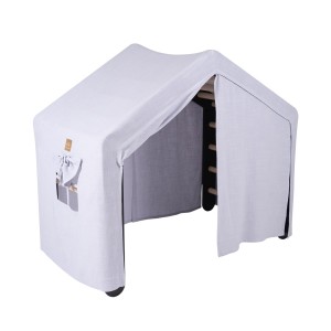 MeowBaby® Duży Domek z drabinką dla dzieci 112x61x94 cm składaną do pokoju. Drewno, Len, Wiskoza, Szaroniebieski Domek, Czarna drabinka