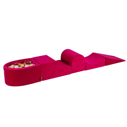 MeowBaby® Piankowy Zestaw do Zabawy z Suchym Basenem 57x45x30cm/100 piłek 7cm, Plac Zabaw dla Dziecka, 5 elementów, Welurowy, Magenta: Bordowa Perła/Złoty/Biała Perła/Beż