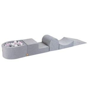 MeowBaby® Piankowy Zestaw do Zabawy z Suchym Basenem 57x45x30cm/100 piłek 7cm, Plac Zabaw dla Dziecka, 5 elementów, Welurowy, Jasnoszary: Biały/Szary/Pastelowy róż