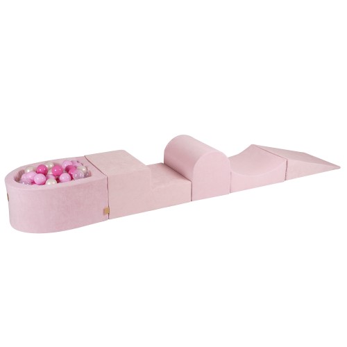 MeowBaby® Piankowy Zestaw do Zabawy z Suchym Basenem 57x45x30cm/100 piłek 7cm, Plac Zabaw dla Dziecka, 5 elementów, Welurowy, Jasnoróżowy: Pastelowy róż/Jasny róż/Transparent/Biała perła