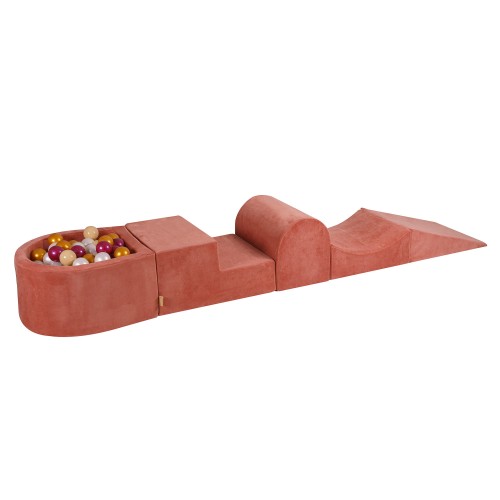 MeowBaby® Piankowy Zestaw do Zabawy z Suchym Basenem 57x45x30cm/100 piłek 7cm, Plac Zabaw dla Dziecka, 5 elementów, Welurowy, Czerwień Marsala: Bordowa Perła/Złoty/Biała Perła/Beż