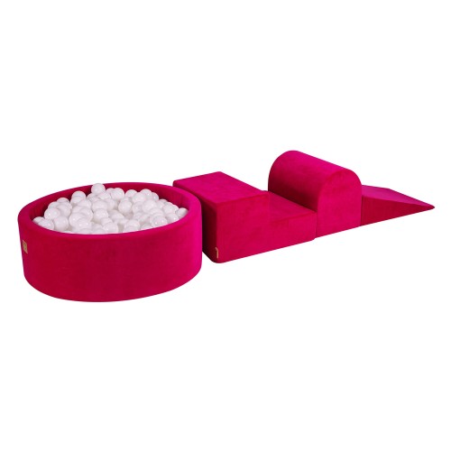 MeowBaby® Piankowy Zestaw do Zabawy z Suchym Basenem 90x30cm/200 Piłek 7cm, Plac Zabaw dla Dziecka, 4 elementy, Welurowy, Magenta: Białe
