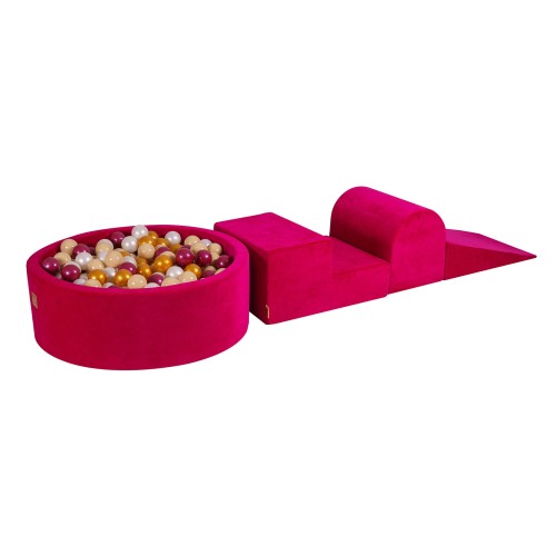MeowBaby® Piankowy Zestaw do Zabawy z Suchym Basenem 90x30cm/200 Piłek 7cm, Plac Zabaw dla Dziecka, 4 elementy, Welurowy, Magenta: Bordowa Perła/Złoty/Biała Perła/Beż