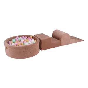 MeowBaby® Piankowy Zestaw do Zabawy z Suchym Basenem 90x30cm/200 Piłek 7cm, Plac Zabaw dla Dziecka, 4 elementy, Welurowy, Beżowy: Pastelowy Róż/Mięta/Biały/Beż