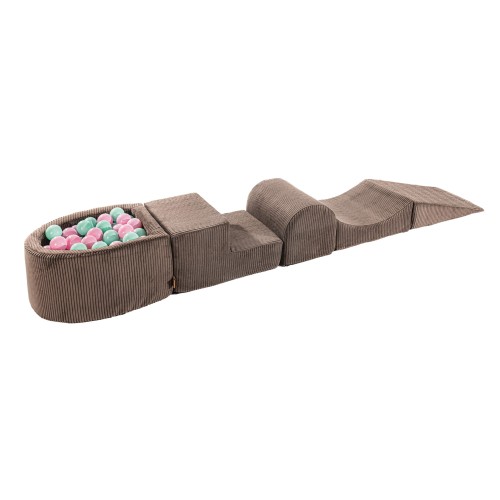 MeowBaby® Aesthetic Piankowy Zestaw do Zabawy z Suchym Basenem 57x45x30cm/100 piłek 7cm, Plac Zabaw dla Dziecka, 5 elementów, Sztruksowy, Brązowy: Pastelowe Różowe/Miętowe
