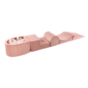 MeowBaby® Aesthetic Piankowy Zestaw do Zabawy z Suchym Basenem 57x45x30cm/100 piłek 7cm, Plac Zabaw dla Dziecka, 5 elementów, Sztruksowy, Różowy: Biała Perła/Transparentny
