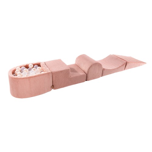 MeowBaby® Aesthetic Piankowy Zestaw do Zabawy z Suchym Basenem 57x45x30cm/100 piłek 7cm, Plac Zabaw dla Dziecka, 5 elementów, Sztruksowy, Różowy: Biała Perła/Transparentny